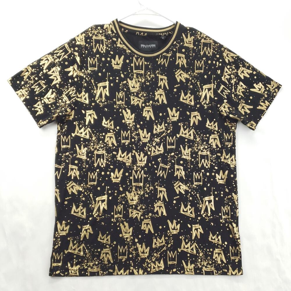 Drill Clothing Shirt Men Large Black Gold Crowns Short Sleeve Crew Neck Pullover